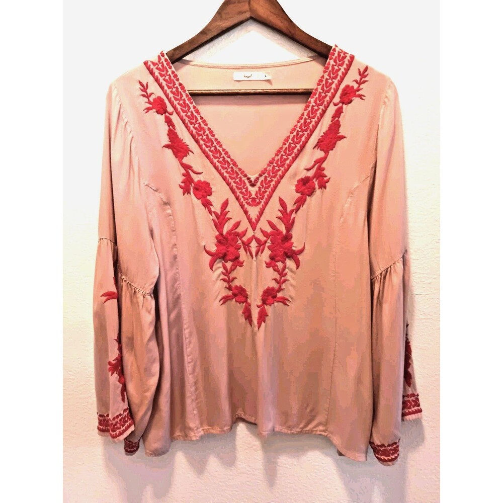 Hazel Pink Red Embroidered Peasant Blouse Top Sz Large Rayon Floral Bell Sleeves